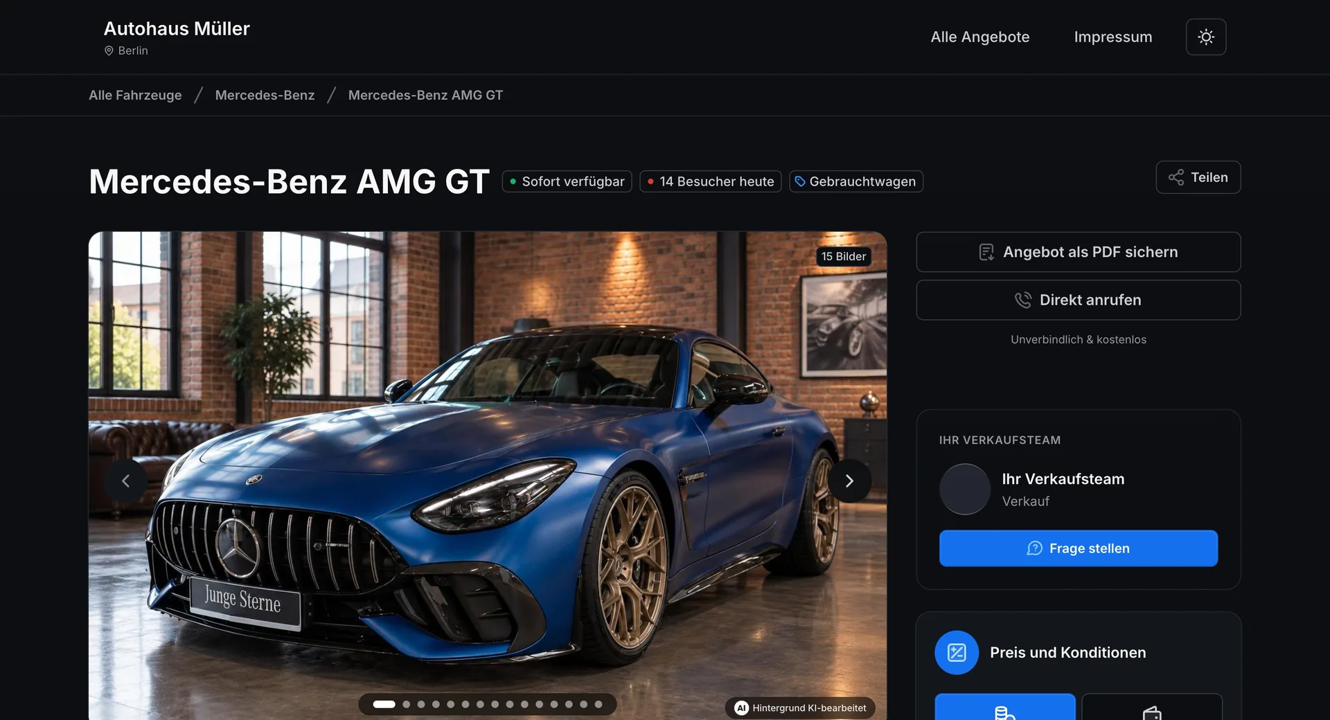 Landingpage eines Mercedes-AMG GT, erstellt mit carvitra