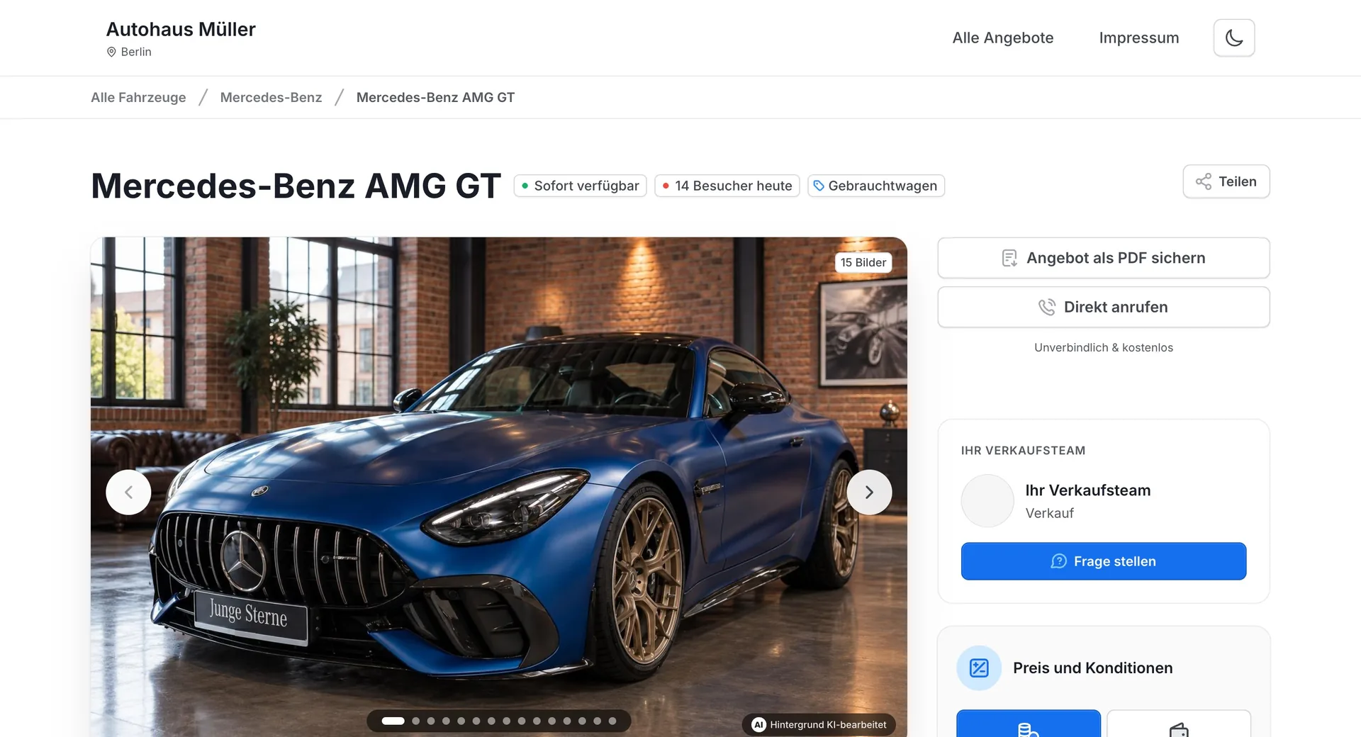 Landingpage eines Mercedes-AMG GT, erstellt mit carvitra