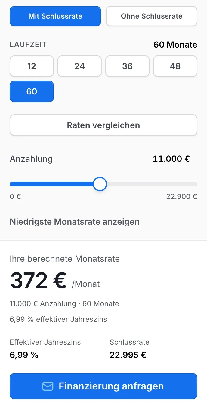 Finanzierungsrechner mit Schlussrate, Laufzeit und Anzahlung